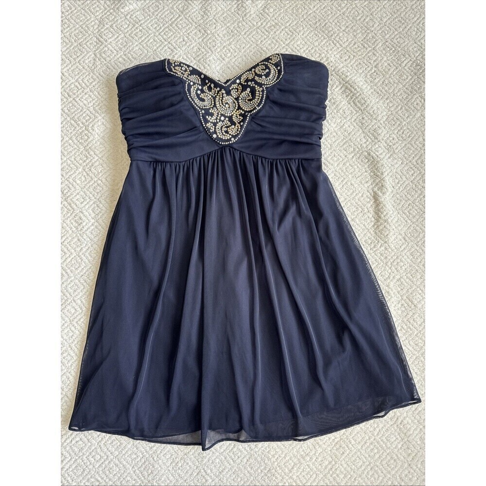 Blondie Nites By Stacy Strapless Navy Blue Solid A-Line Dress Size 13